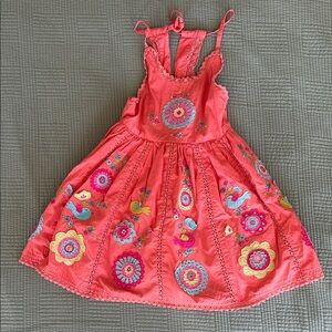 Girls Coral Embroidered Sundress with Bird & Floral Motifs